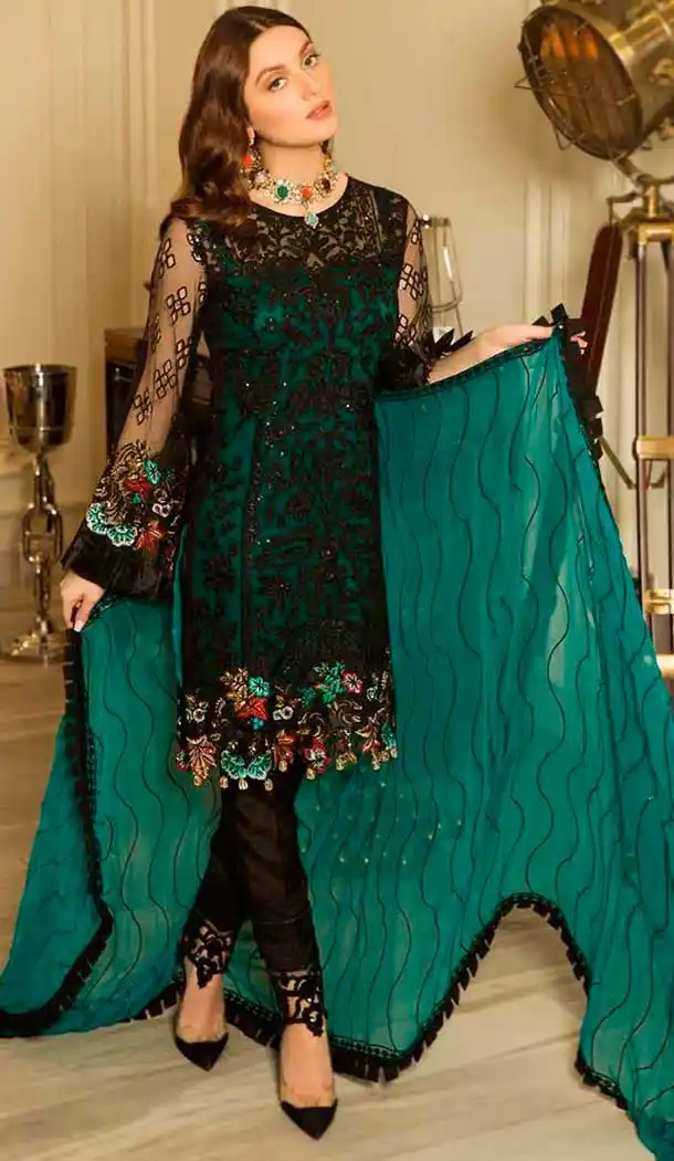Green Black Color Butter Fly Net Embroidery Pakistani Salwar Kameez -799697595