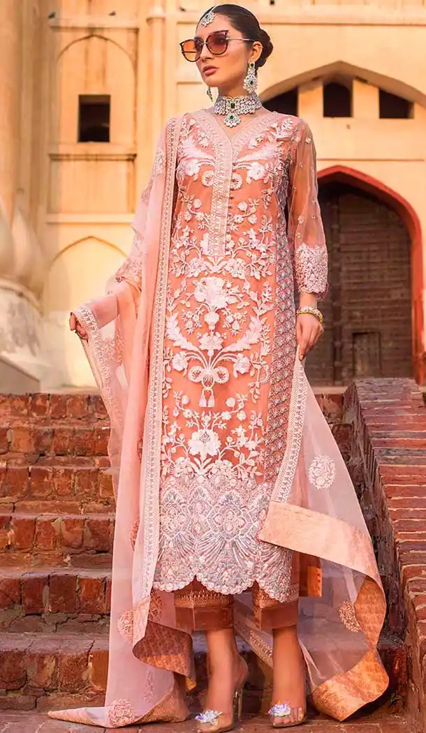 Peach Color Butter Fly Net Embroidery Pakistani Salwar Kameez -799697597