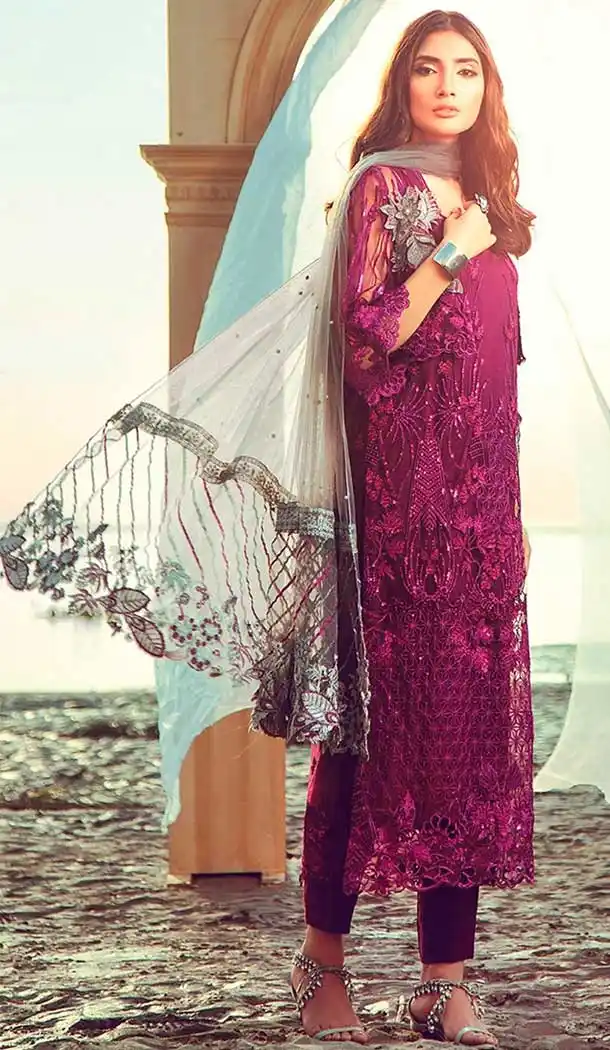 Violet Color Butter Fly Net Embroidery Pakistani Salwar Kameez -799697598