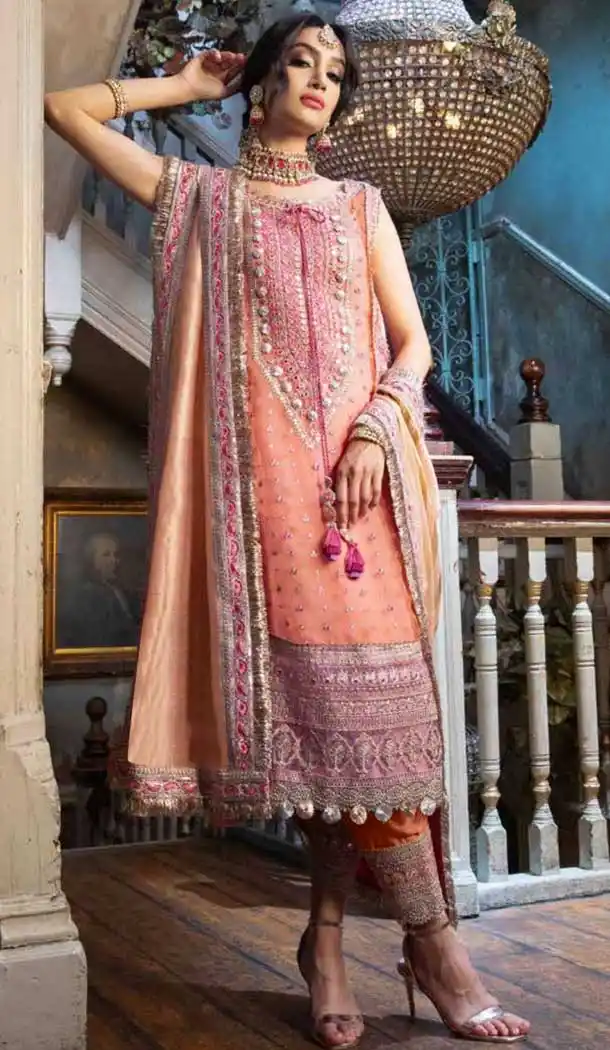 Unique Peach Color Georgette Embroidery Pakistani Salwar Kameez -799697602