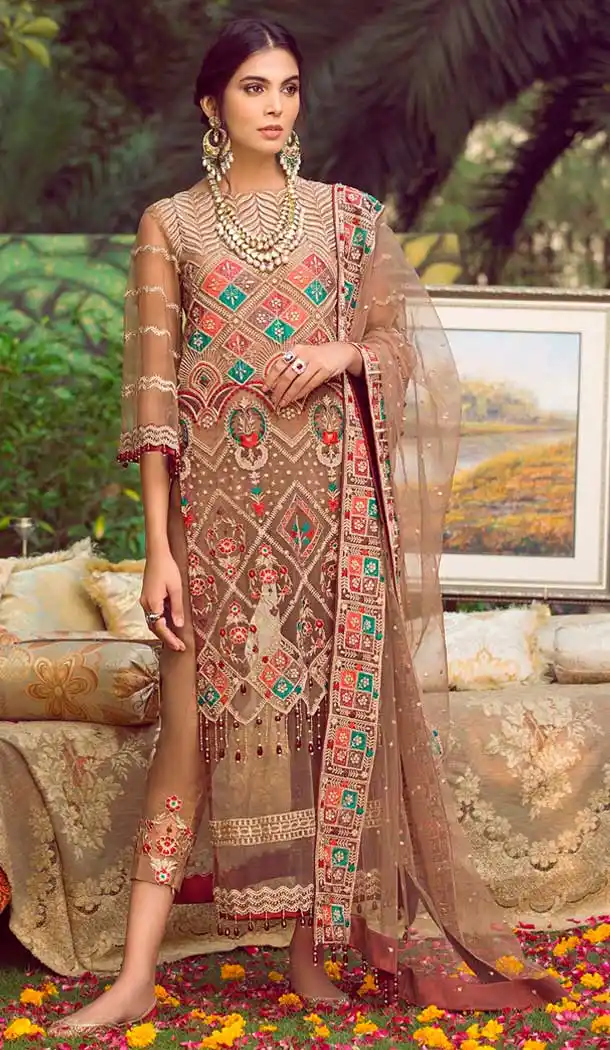 Chiku Color Butter Fly Net Embroidery Pakistani Salwar Kameez -799697603