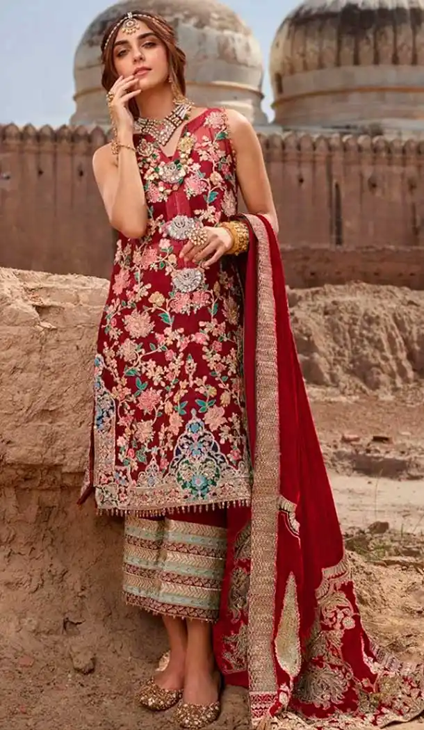 Lovely Red Color Georgette Embroidery Pakistani Salwar Kameez -799697606