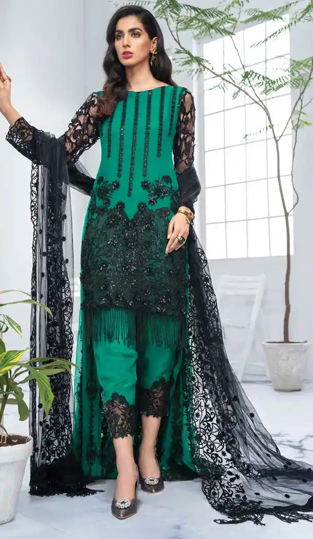 Elegance Green Color Butter Fly Net Embroidery Pakistani Salwar Kameez -799697613