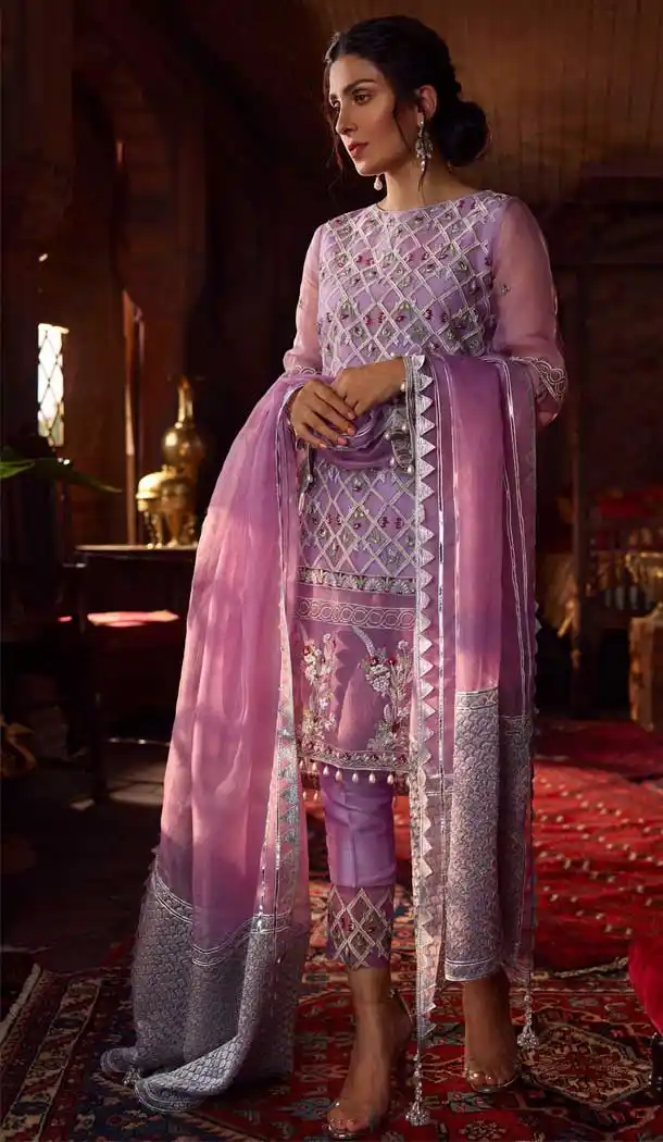Light Purple Color Butter Fly Net Embroidery Pakistani Salwar Kameez -799697614