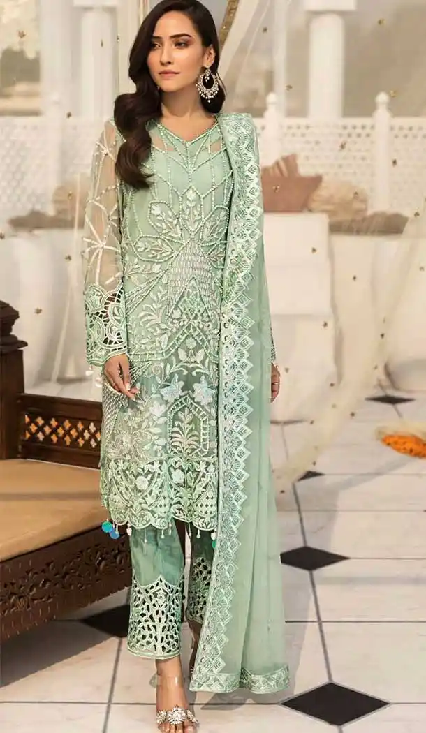 Sea Green Color Butter Fly Net Party Wear Pakistani Designer Salwar Kameez -799797620
