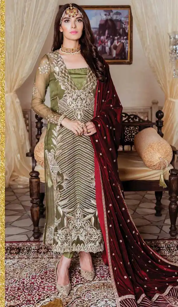 Olive Color Butter Fly Net Party Wear Pakistani Designer Salwar Kameez -799797625