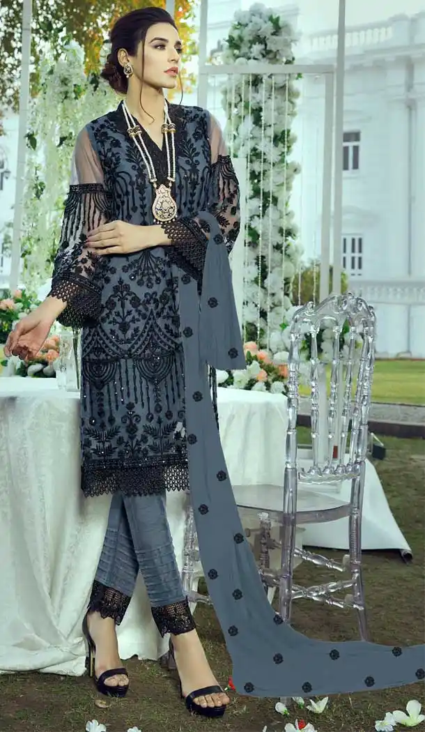 Steel Blue Color Butter Fly Net Party Wear Pakistani Designer Salwar Kameez -799797633