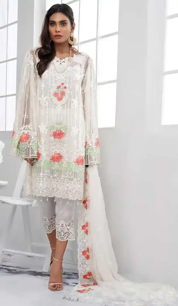 White Color Butter Fly Net Party Wear Pakistani Designer Salwar Kameez -799797635