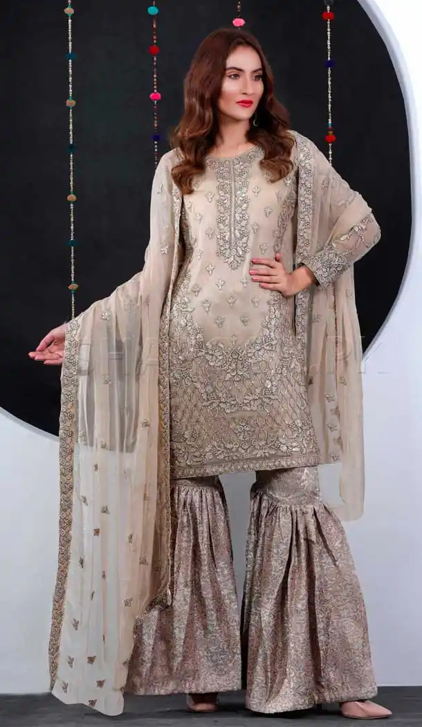 Beige Color Butter Fly Net Party Wear Pakistani Designer Salwar Kameez -799797637