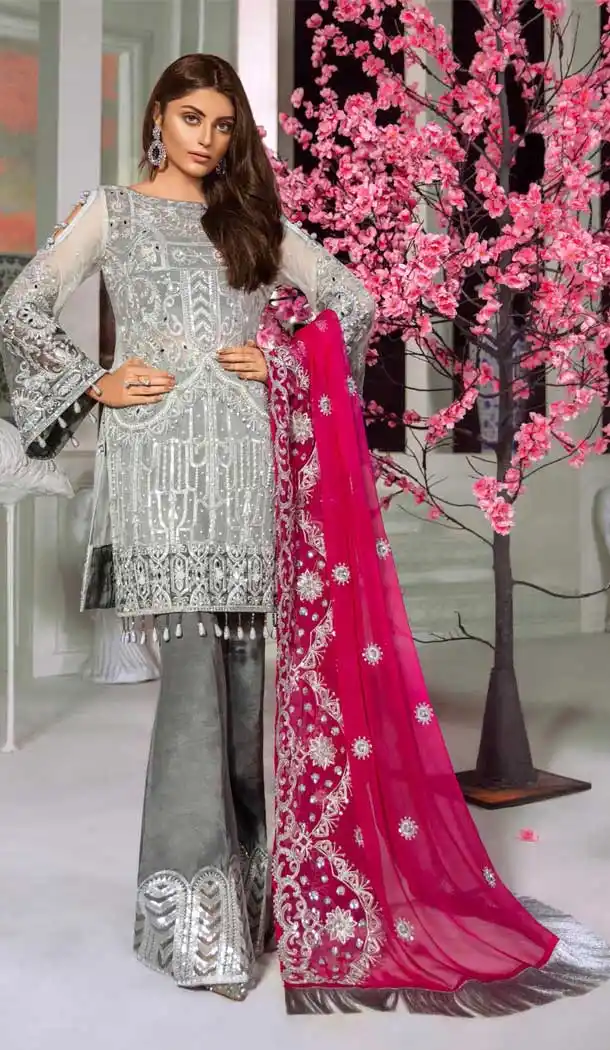 Grey Color Butter Fly Net Party Wear Pakistani Designer Salwar Kameez -799797642
