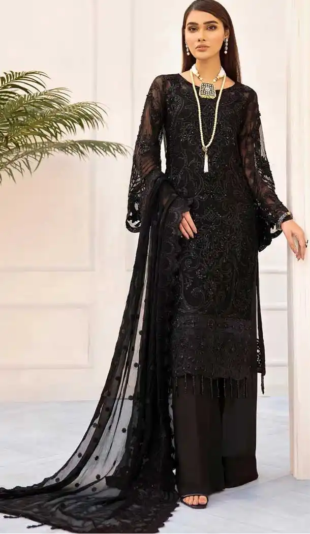 Black Color Butter Fly Net Party Wear Pakistani Designer Salwar Kameez -799797646