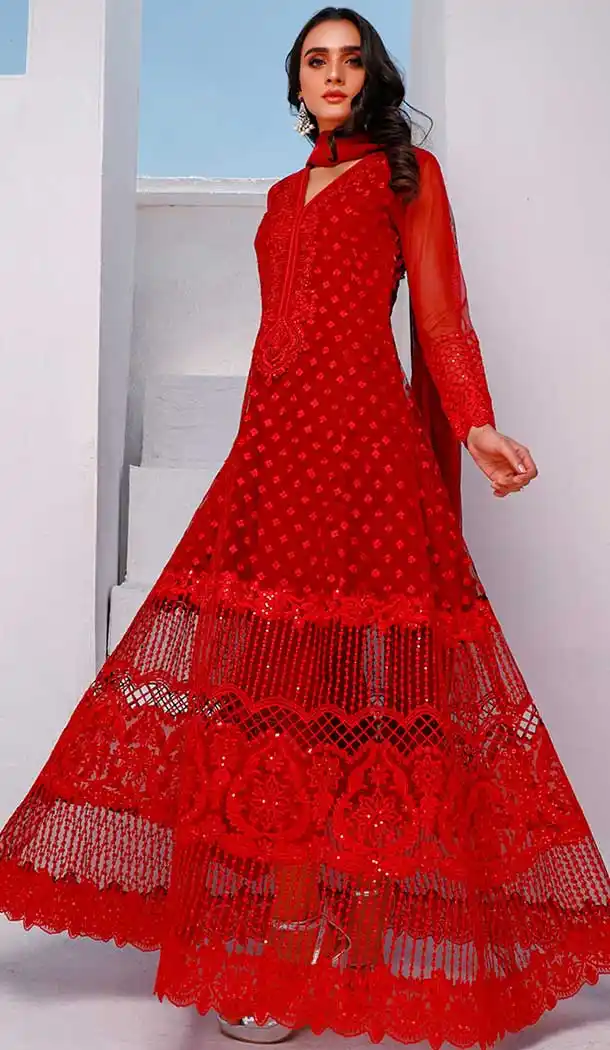 Red Color Butter Fly Net Party Wear Pakistani Designer Salwar Kameez -799797647