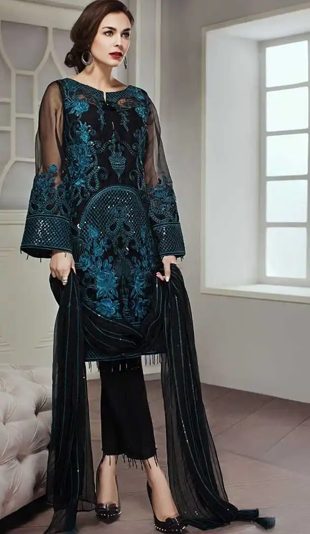 Black Color Butter Fly Net Party Wear Pakistani Designer Salwar Kameez -799797650