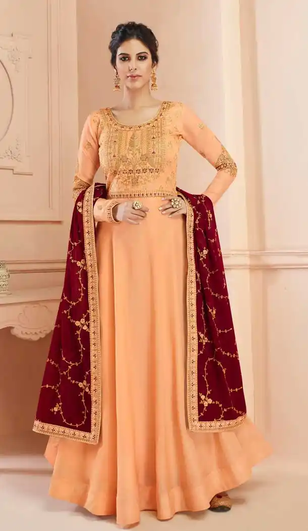 Light Orange Color Tussar Silk Designer Long Anarkali Salwar Kameez -798297444