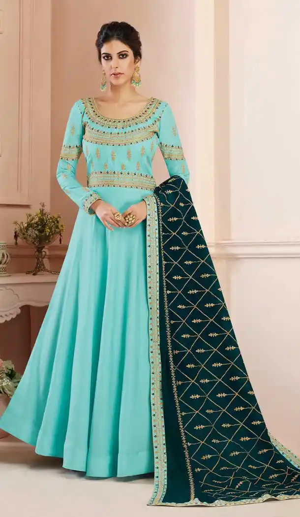 Sky Blue Color Tussar Silk Designer Long Anarkali Salwar Kameez -798297445