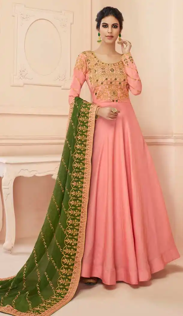 Wonderful Peach Color Tussar Silk Designer Long Anarkali Salwar Kameez -798297446