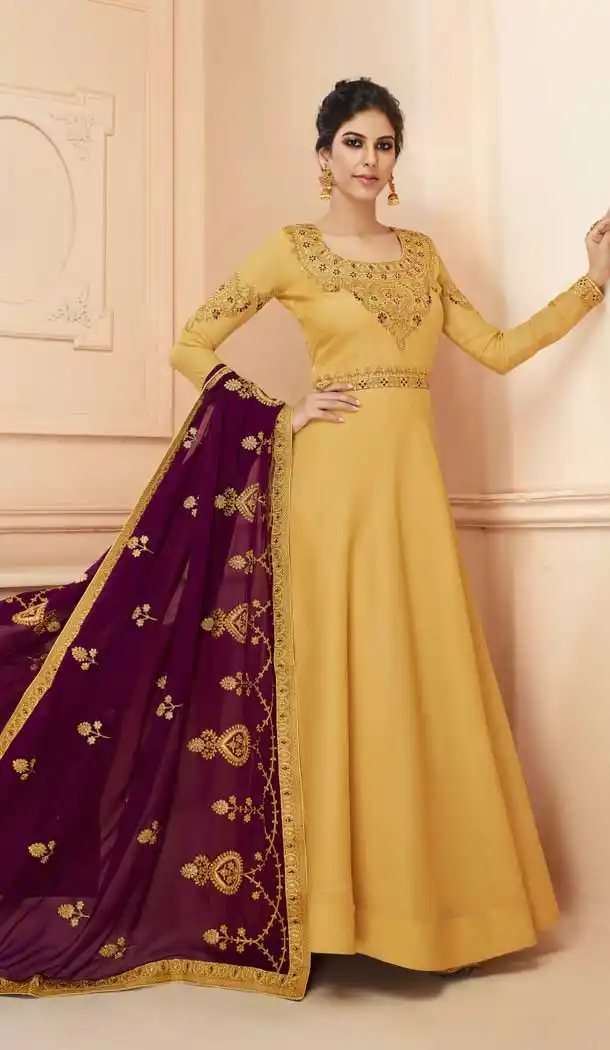 Yellow Color Tussar Silk Designer Long Anarkali Salwar Kameez -798297447