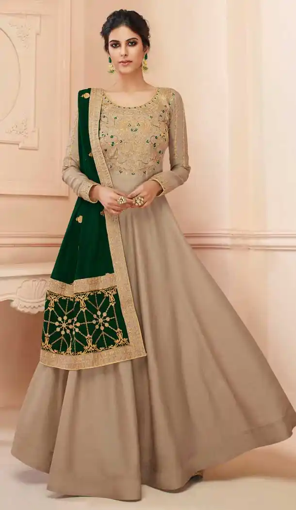 Beige Color Tussar Silk Designer Long Anarkali Salwar Kameez -798297448