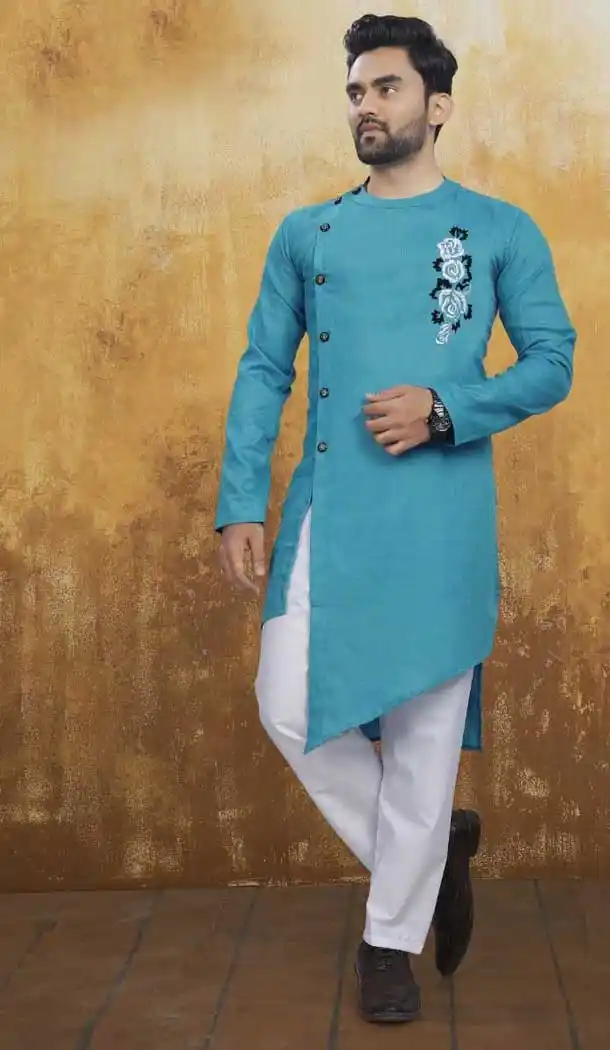 Sky Blue Color Pure Ruby Cotton Indo Western Readymade Man Kurta Pajama -797597386