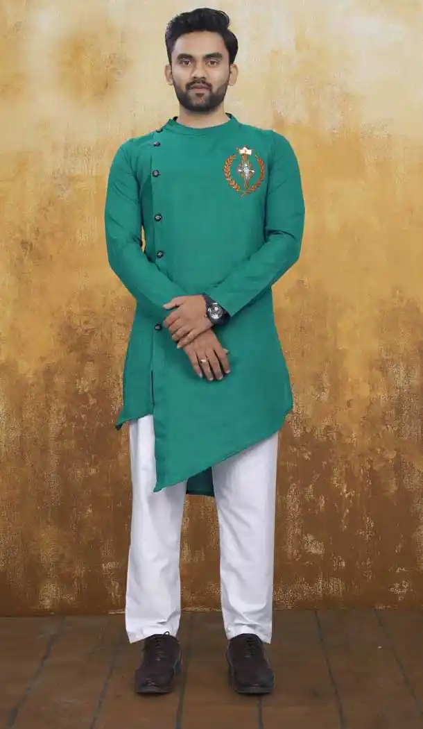 Green Color Pure Ruby Cotton Indo Western Readymade Man Kurta Pajama -797597387