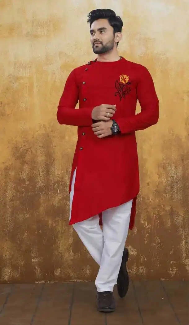 Red Color Pure Ruby Cotton Indo Western Readymade Man Kurta Pajama -797597388