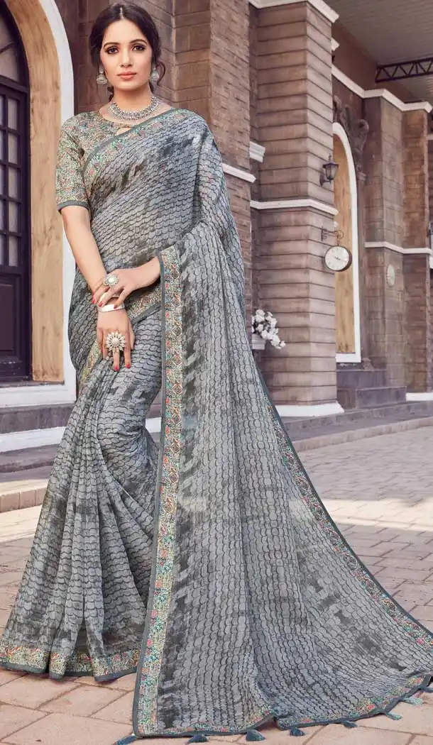 Exotic Grey Color Noor Silk Cotton Fancy Casual Office Wear Saree Blouse -797697394