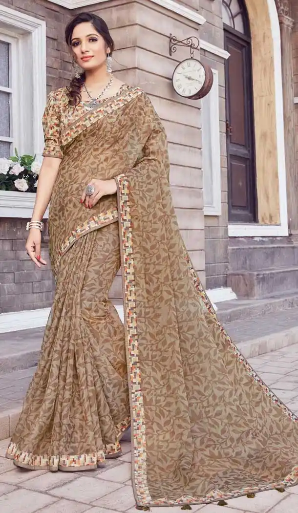 Beige Color Noor Silk Cotton Fancy Casual Office Wear Saree Blouse -797697401