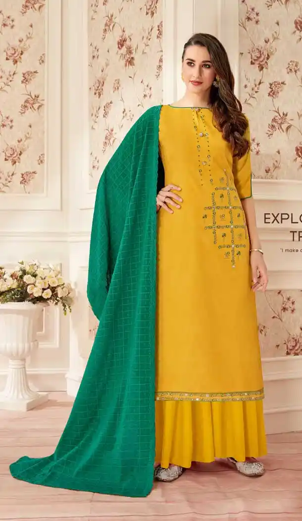 Yellow Color Pure Jam Cotton Evening Party Wear Palazzo Suit -800497743