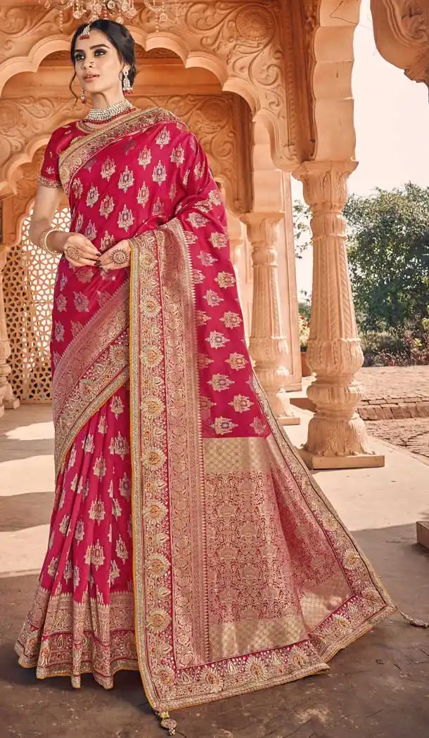 Dark Pink Color Jacquard Silk Designer Treditional Wedding Saree -77697184