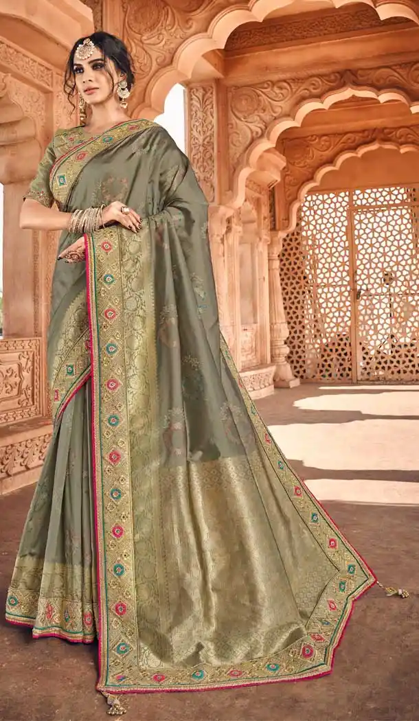 Gleaming Grey Color Jacquard Silk Designer Treditional Wedding Saree -77697190