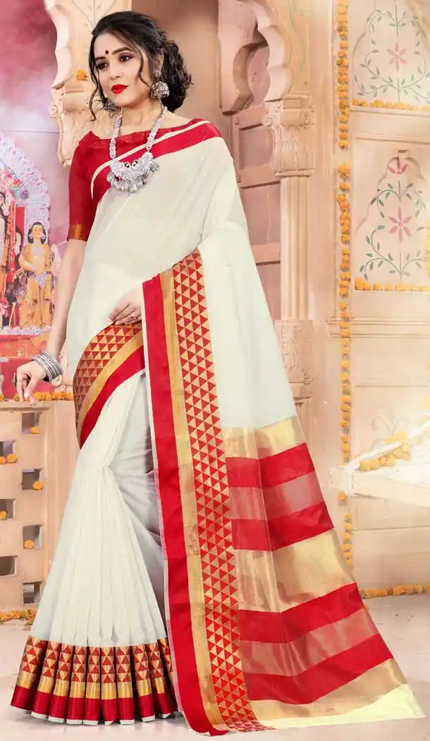 white and red diwali saree durga puja collection online -77727215