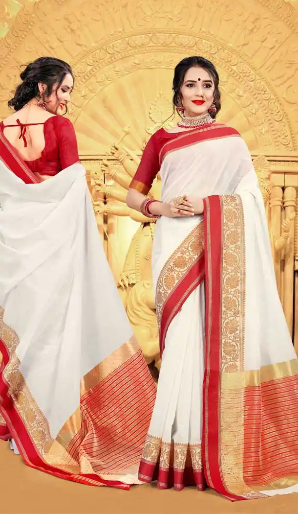 White And Red Color Khadi Silk Durga Pooja Festive Wear Saree -77727217