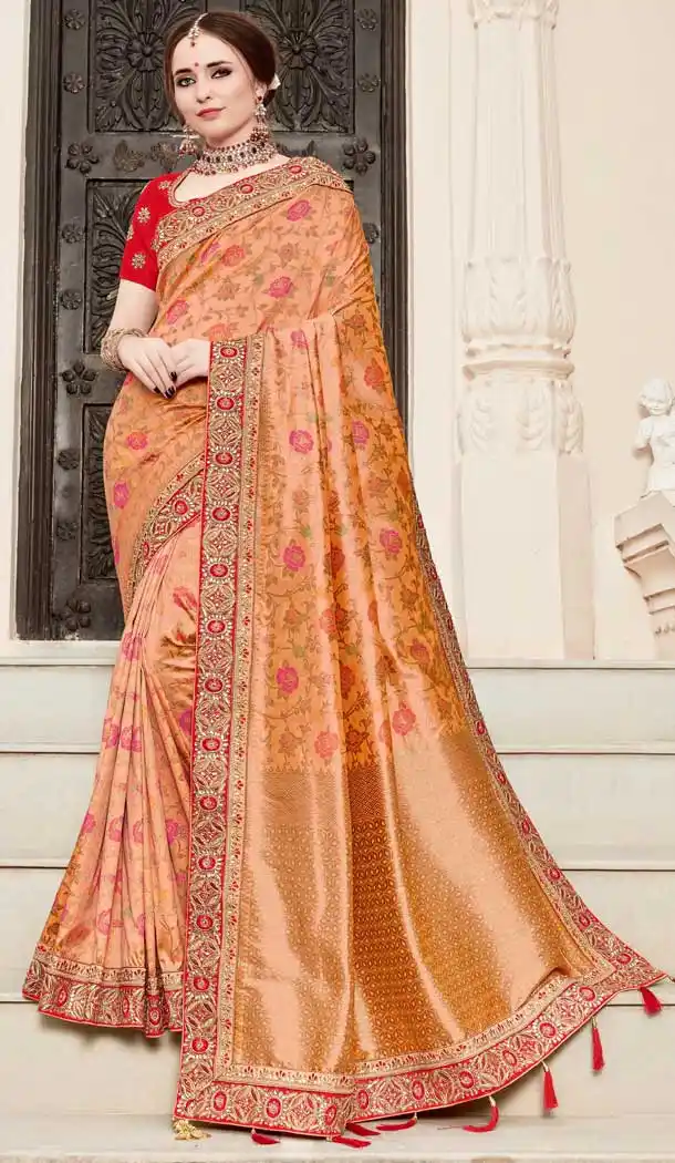 Scintillating Peach Color Jacquard Silk Designer Diwali Special Saree Blouse -77747244