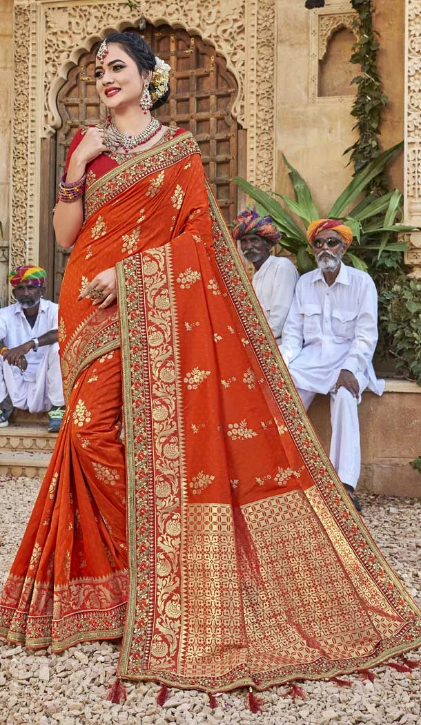 Chic Orange Color Satin Jacquard Silk Designer Treitional Wear Saree -77817610