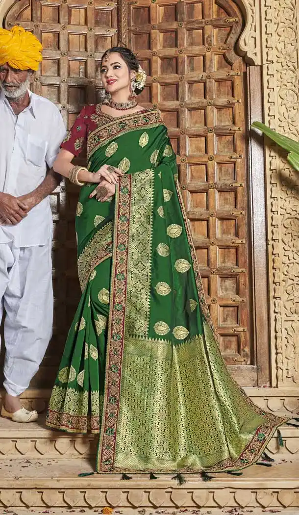 Ethnic Green Color Satin Jacquard Silk Designer Treitional Wear Saree -77817612