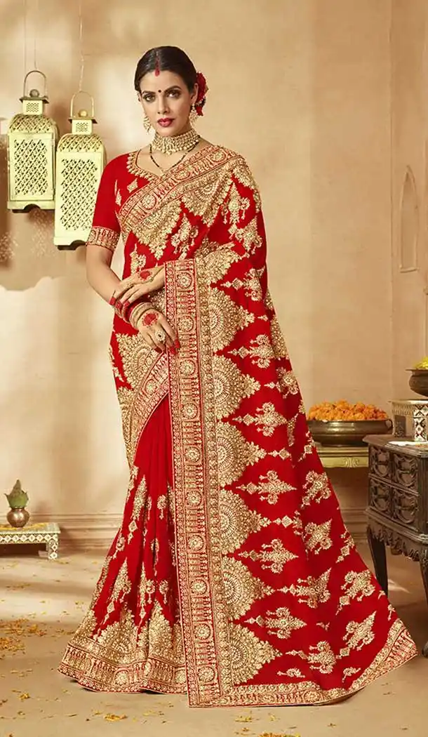 Adorable Red Color Georgette Embroidery Designer Wedding Saree -77827614