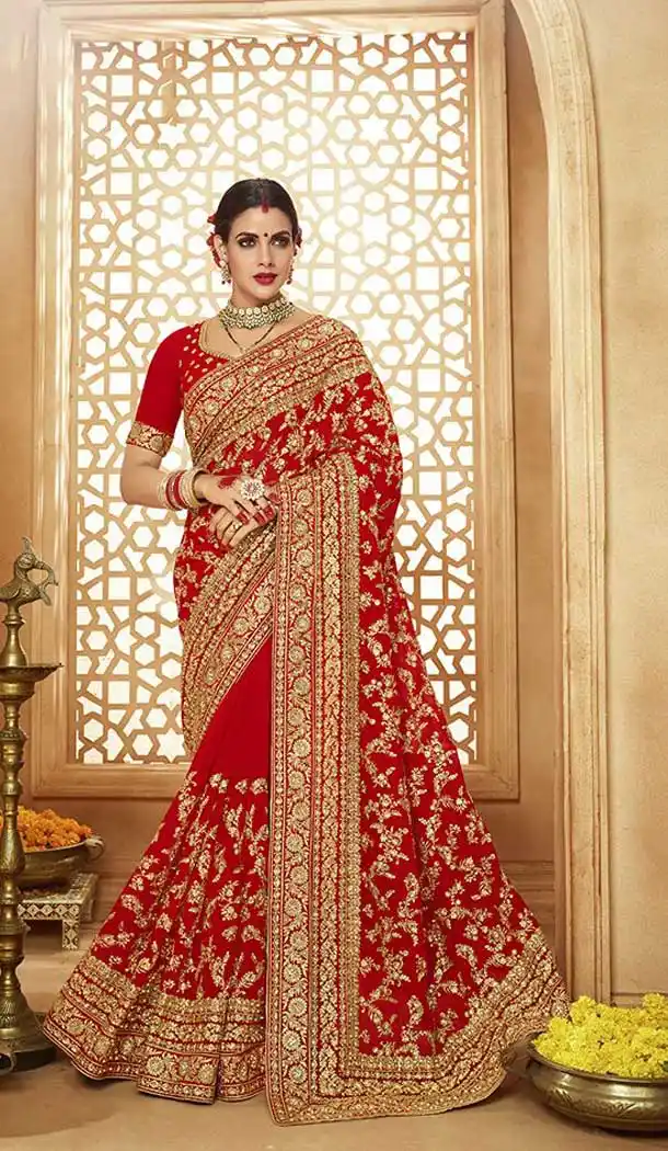 Interesting Red Color Georgette Embroidery Designer Wedding Saree -77827616