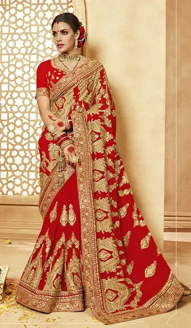 Magnificient Red Color Georgette Embroidery Designer Wedding Saree -77827617