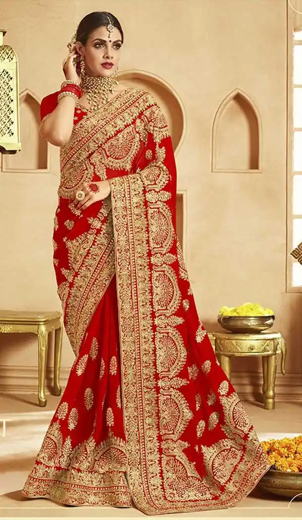 Exquisite Red Color Georgette Embroidery Designer Wedding Saree -77827619