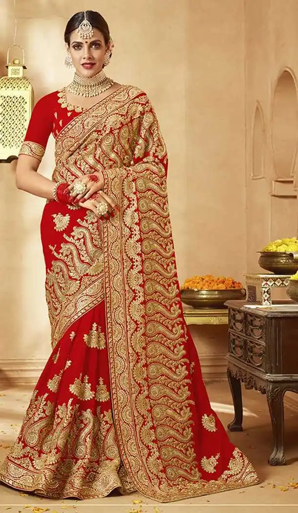 Glamorous Red Color Georgette Embroidery Designer Wedding Saree -77827624