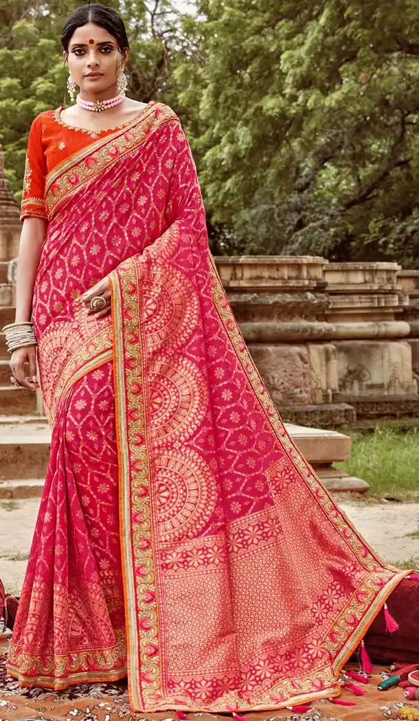 Unique Rani Pink Color Jacquard Silk Traditional Wdding Party Wear Saree -77837627