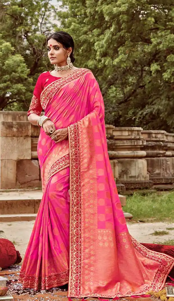 Plushy Pink Color Jacquard Silk Traditional Wdding Party Wear Saree -77837633