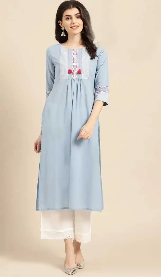 Gorgeous Sky Blue Color Cambric Cotton Casual Party Wear Readymade Kurtis -802497975