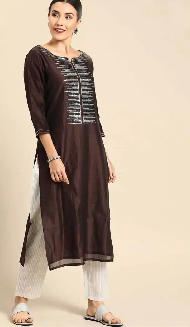Attractive Coffee Color Cambric Cotton Casual Party Wear Readymade Kurtis -802497993