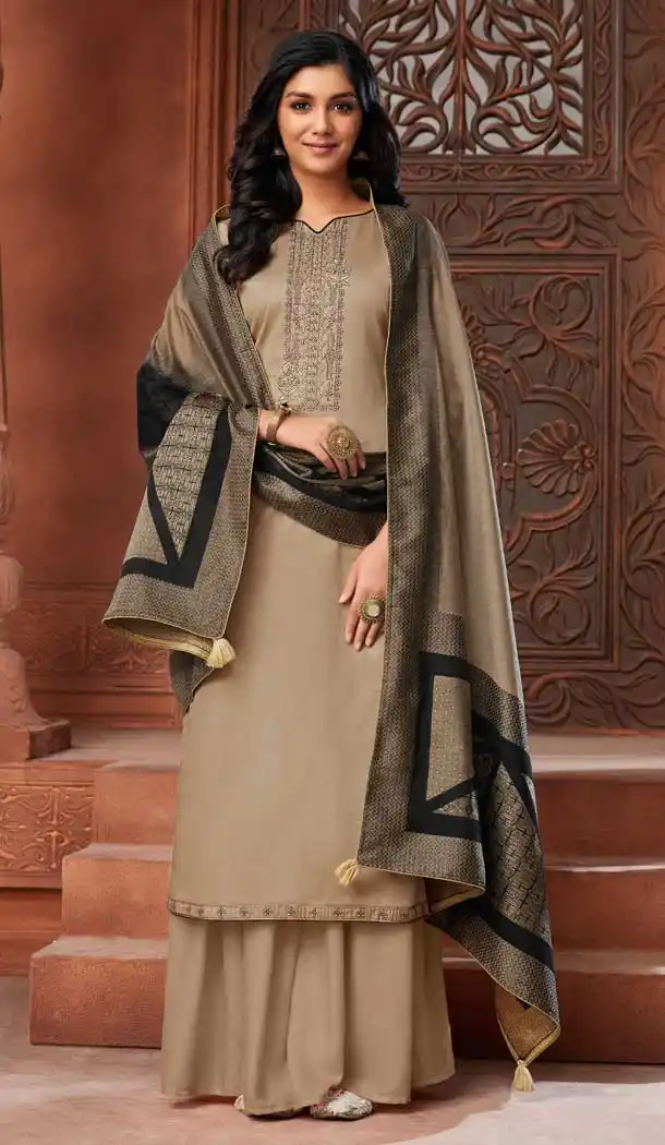 Beige Color Pure Zam Cotton Designer Evening Wear Palazzo Suit -802798036