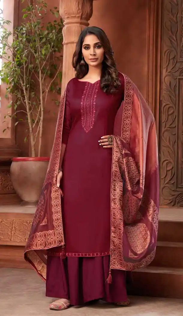 Maroon Color Pure Zam Cotton Designer Evening Wear Palazzo Suit -802798037