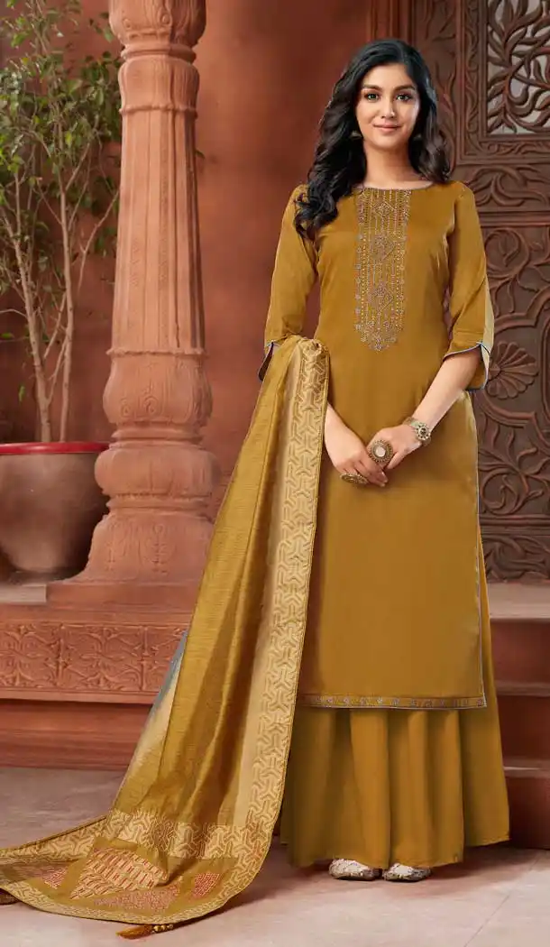 Musterd Color Pure Zam Cotton Designer Evening Wear Palazzo Suit -802798038