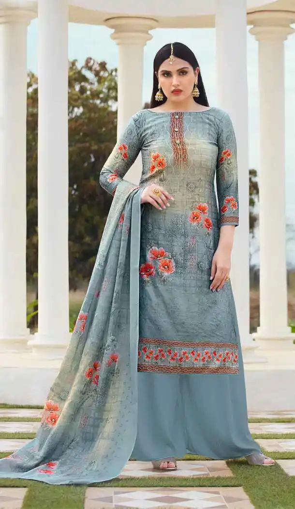 Grey Color Jam Silk Cotton Evening Party Wear Palazzo Salwar Suit -804698199