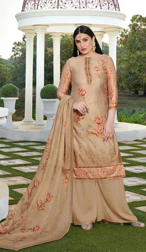 Cream Color Jam Silk Cotton Evening Party Wear Palazzo Salwar Suit -804698200