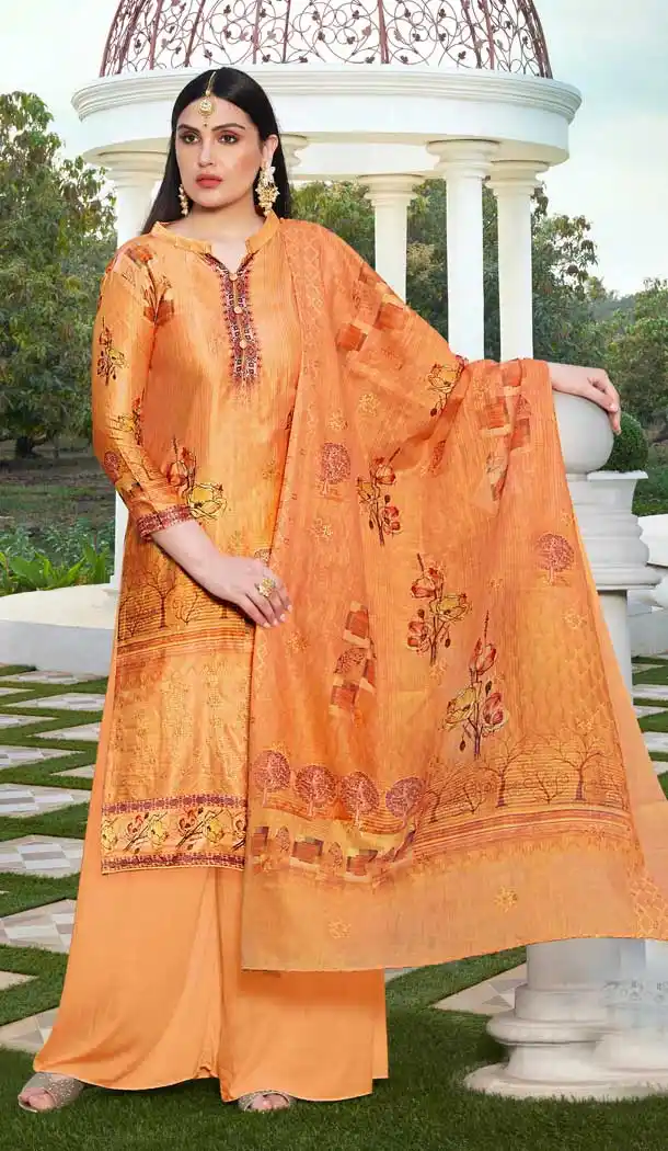 Orange Color Jam Silk Cotton Evening Party Wear Palazzo Salwar Suit -804698202